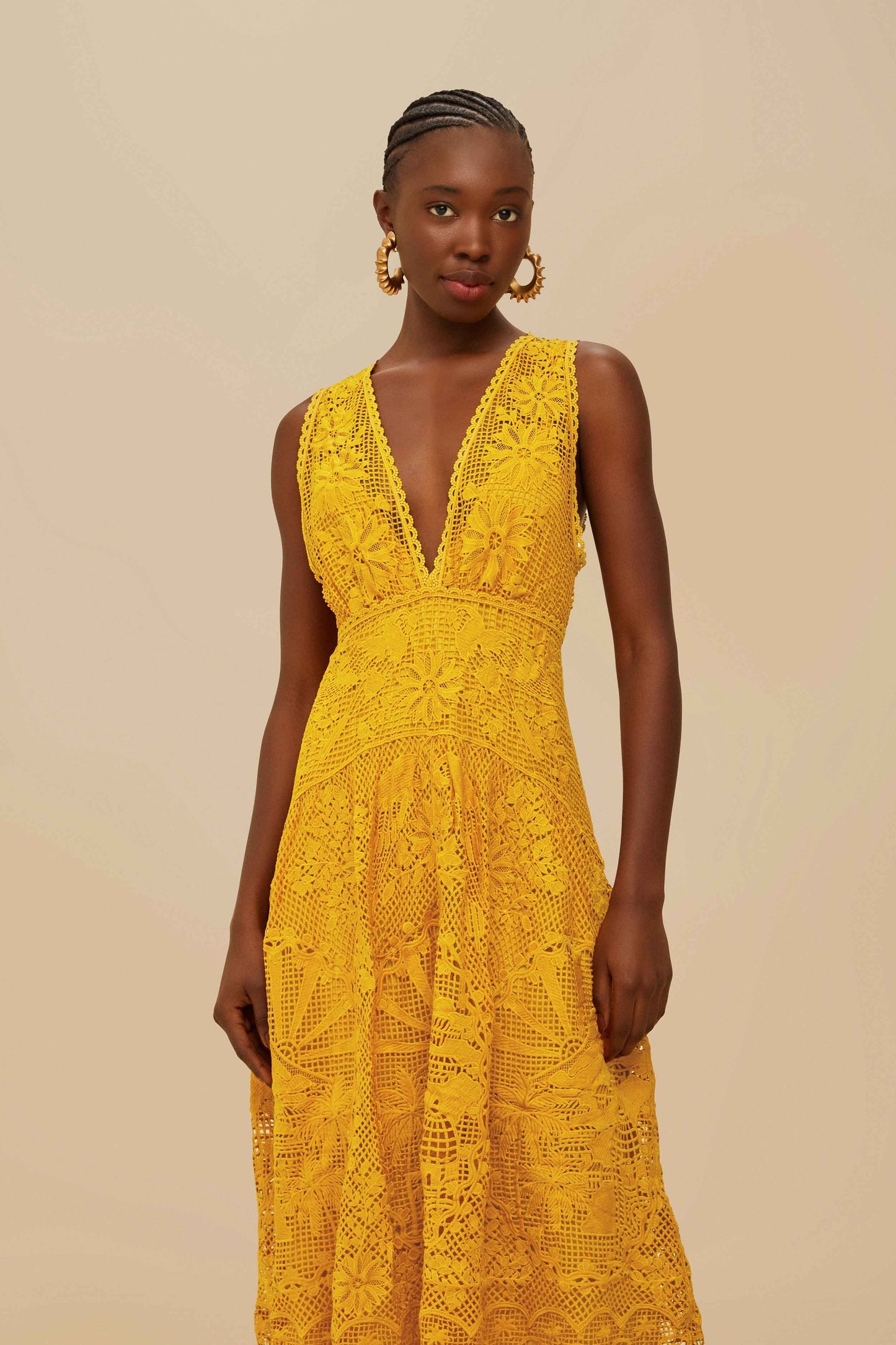 Landscape Guipure Mustard Yellow Midi Dress | FARM Rio Women