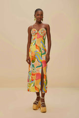 Multicolor Ocean View Twisted Cups Euroflax™ Premium Linen Midi Dress | FARM Rio Women