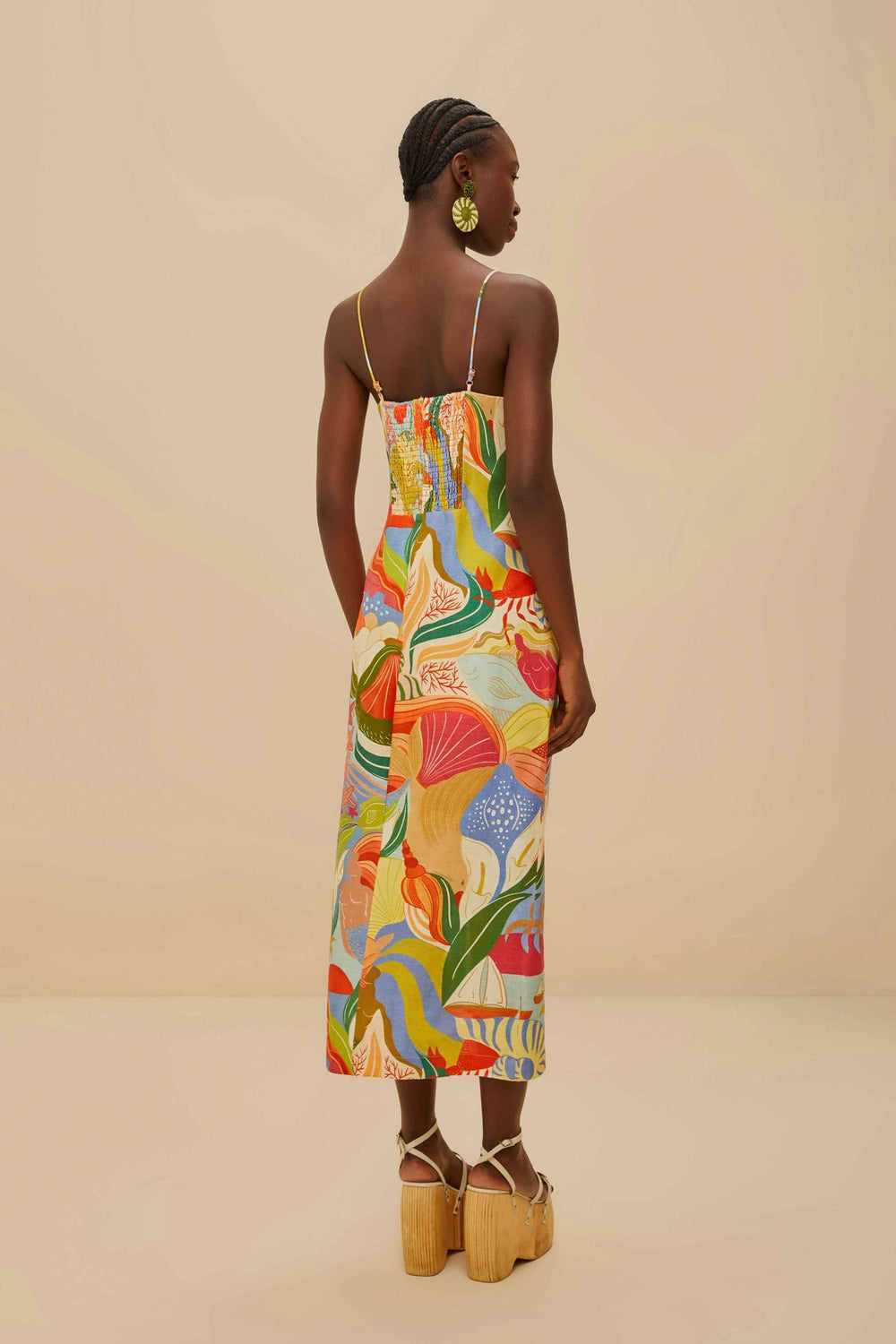 Multicolor Ocean View Twisted Cups Euroflax™ Premium Linen Midi Dress | FARM Rio Women