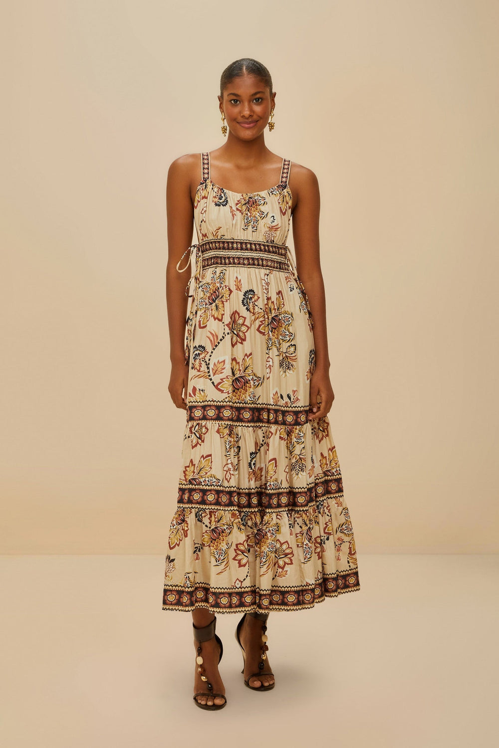 Sand Aura Floral Sleeveless Midi Dress | FARM Rio Women
