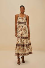 Sand Aura Floral Sleeveless Midi Dress | FARM Rio Women