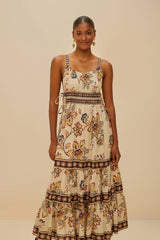 Sand Aura Floral Sleeveless Midi Dress | FARM Rio Women