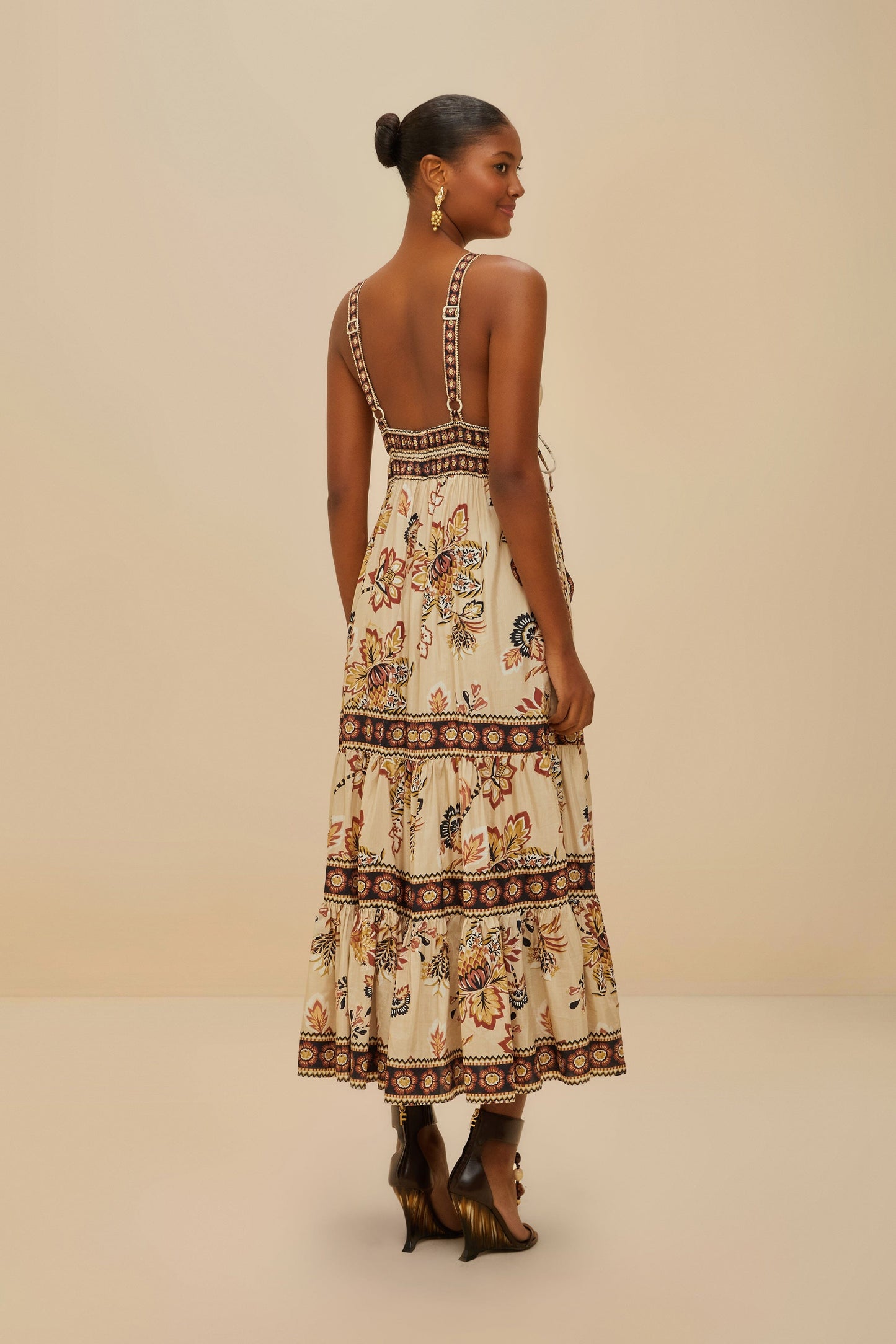Sand Aura Floral Sleeveless Midi Dress | FARM Rio Women