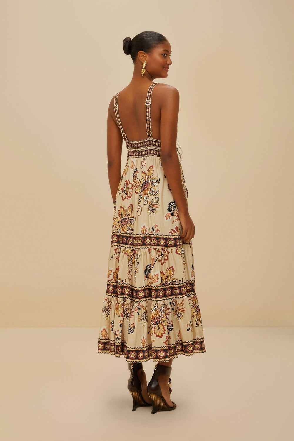 Sand Aura Floral Sleeveless Midi Dress | FARM Rio Women
