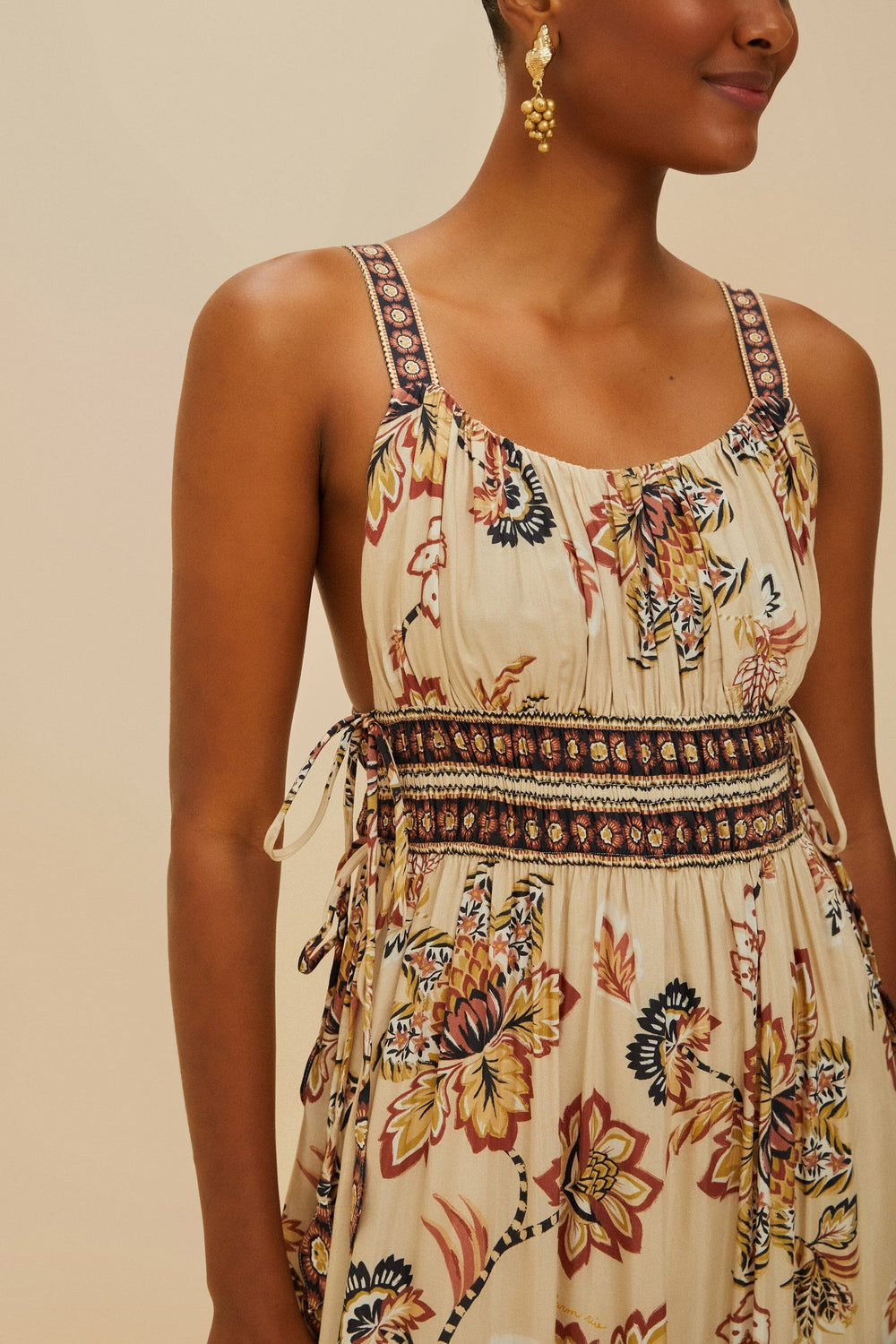 Sand Aura Floral Sleeveless Midi Dress | FARM Rio Women