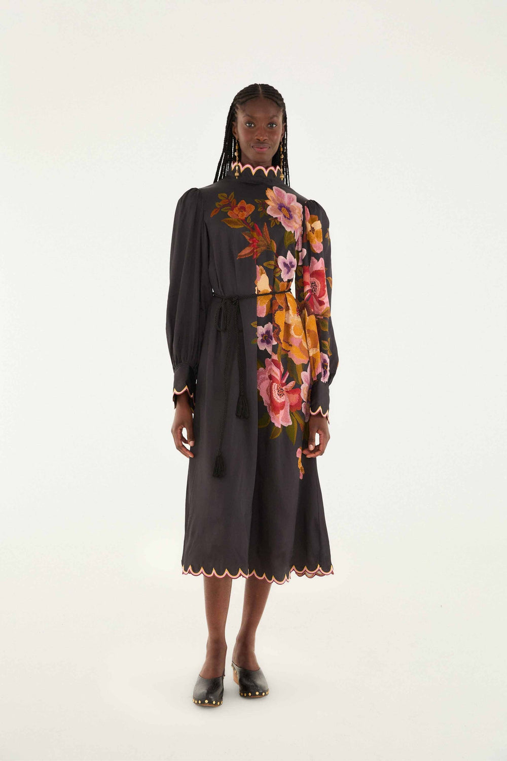 Black Chenille Flowers Lenzing� Ecovero� Viscose Midi Dress | FARM Rio | FARM Rio Women