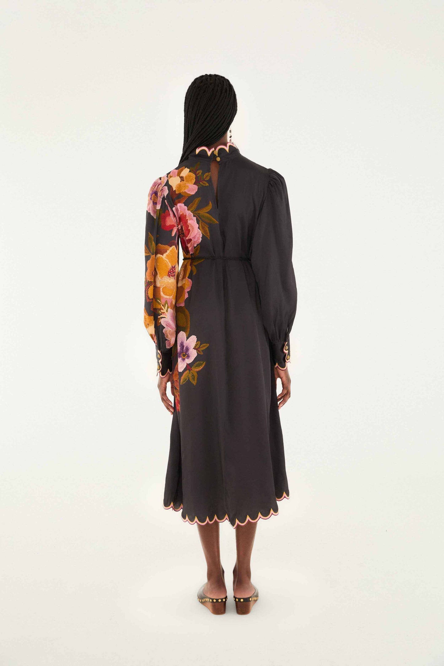 Black Chenille Flowers Lenzing� Ecovero� Viscose Midi Dress | FARM Rio | FARM Rio Women