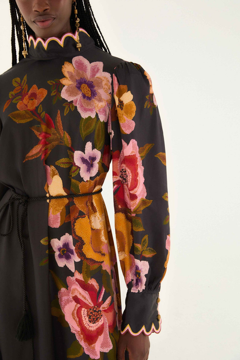Black Chenille Flowers Lenzing� Ecovero� Viscose Midi Dress | FARM Rio | FARM Rio Women