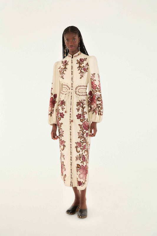 Sand Renata Floral Long Sleeve Midi Dress | FARM Rio | FARM Rio Women