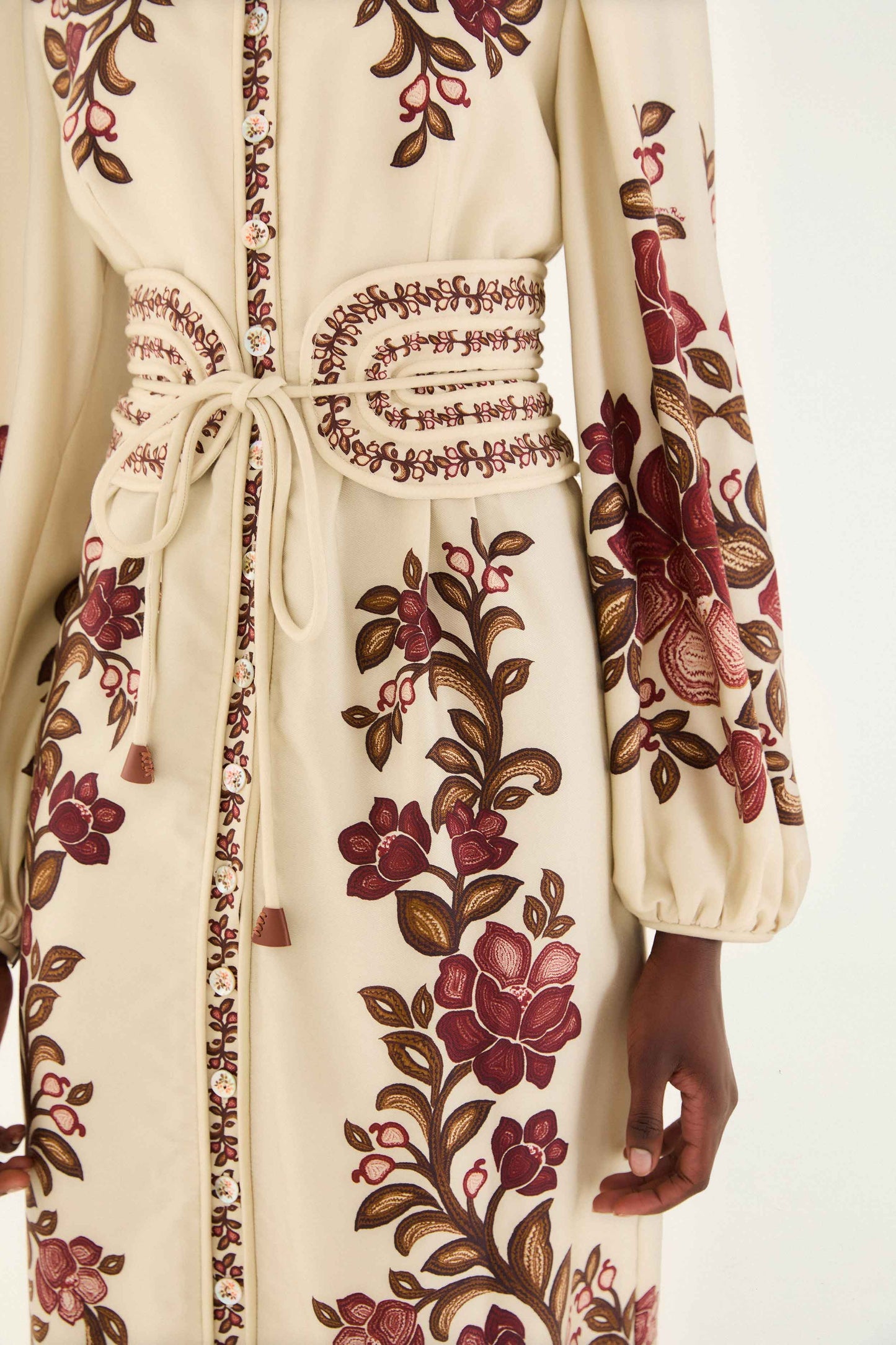 Sand Renata Floral Long Sleeve Midi Dress | FARM Rio | FARM Rio Women