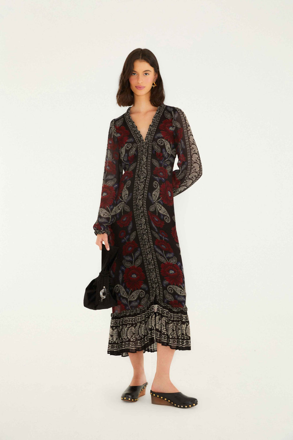 Black Valentina Ruffled Long Sleeve Midi Dress | FARM Rio | FARM Rio Women