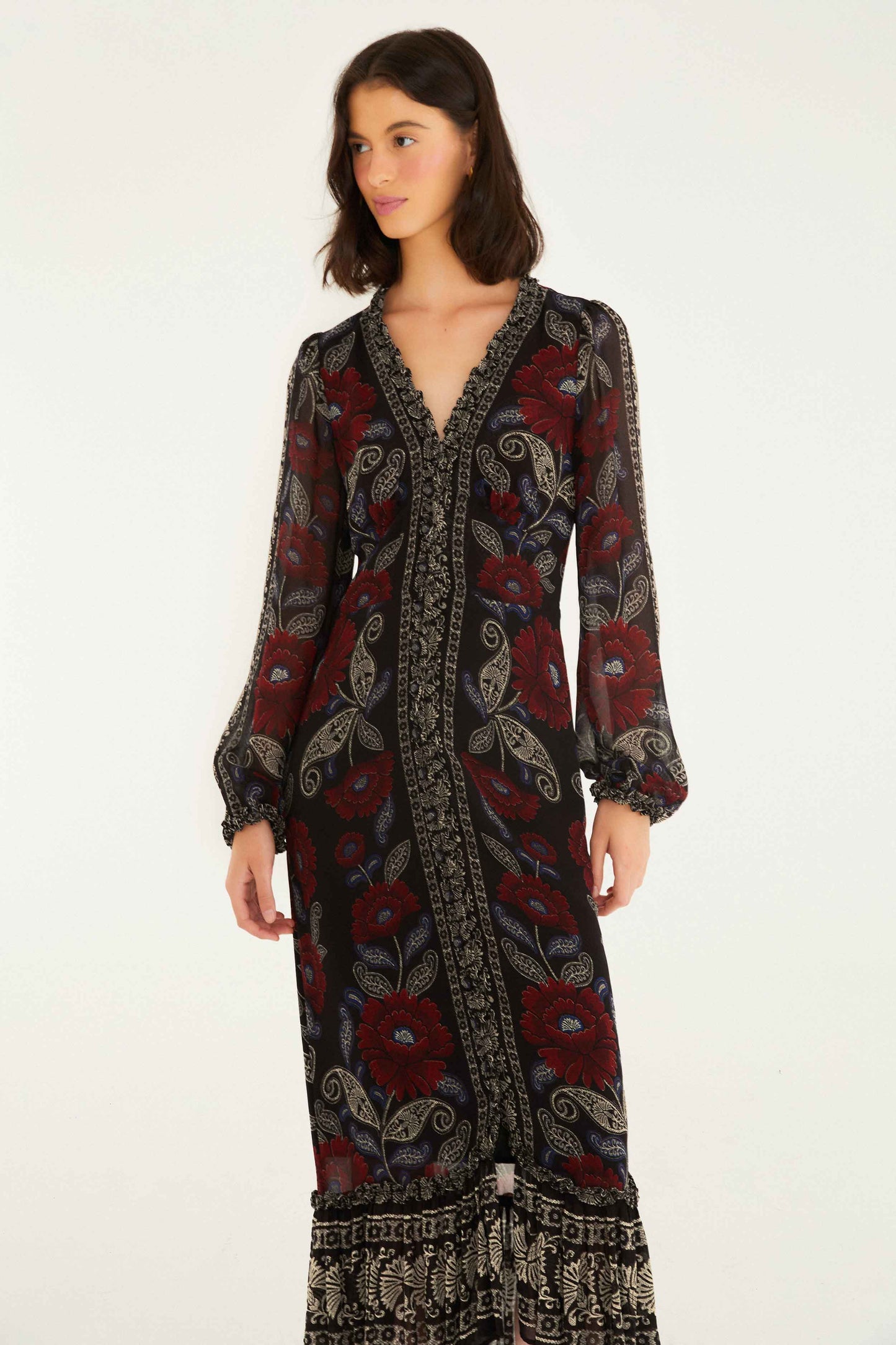 Black Valentina Ruffled Long Sleeve Midi Dress | FARM Rio | FARM Rio Women