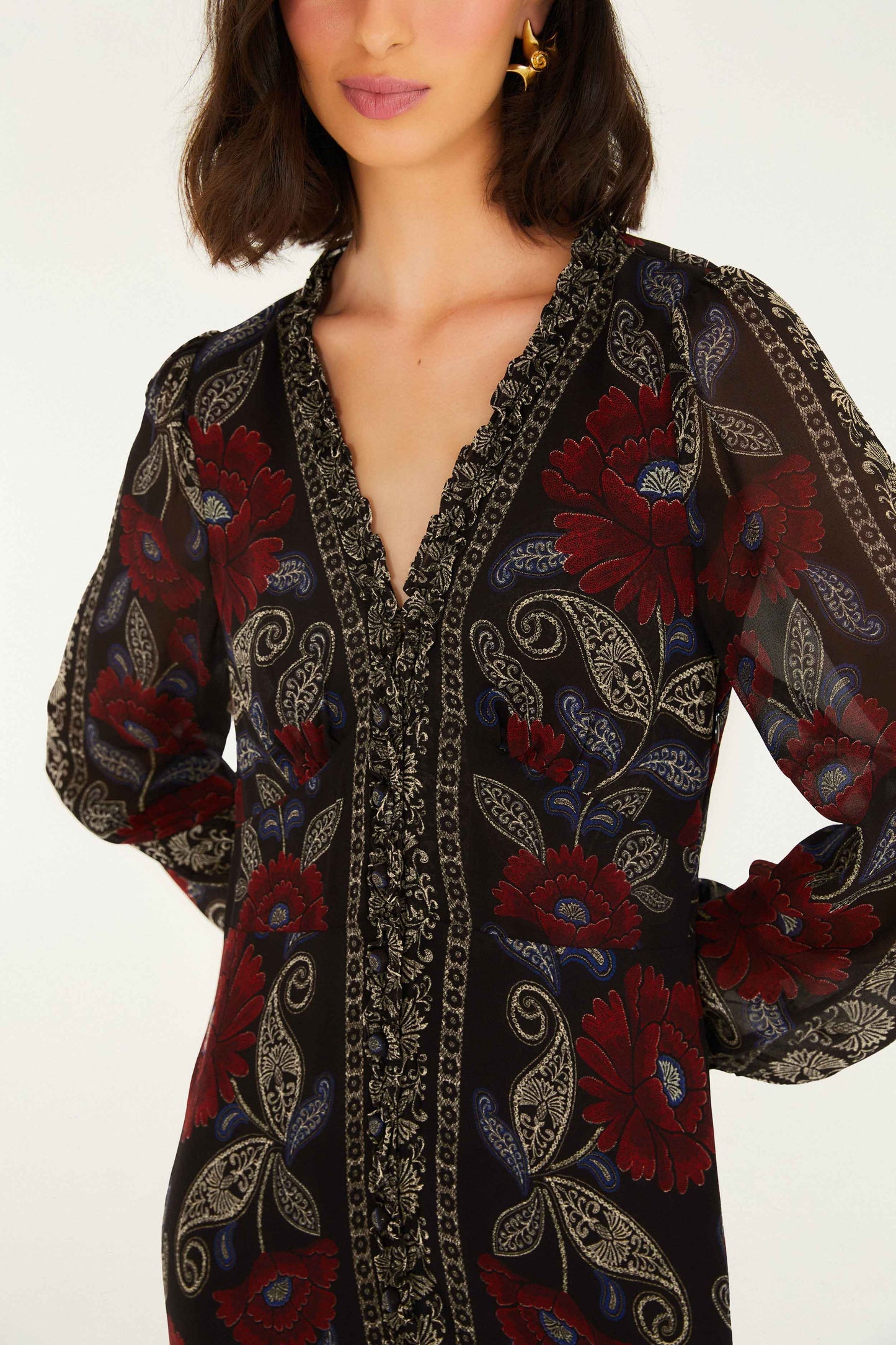 Black Valentina Ruffled Long Sleeve Midi Dress | FARM Rio | FARM Rio Women