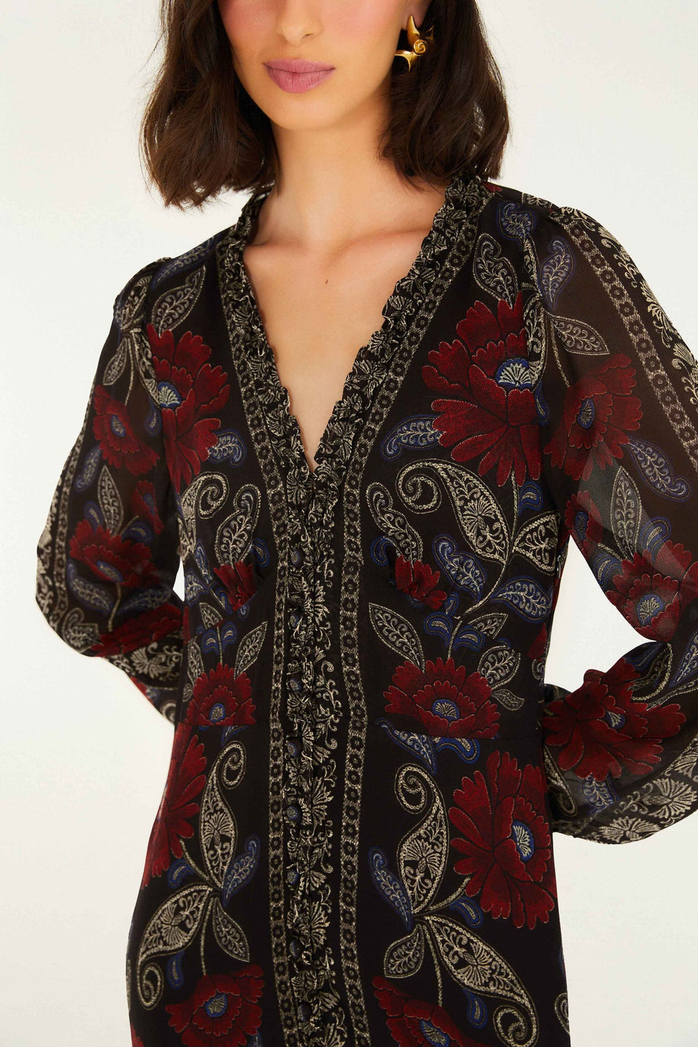 Black Valentina Ruffled Long Sleeve Midi Dress | FARM Rio | FARM Rio Women