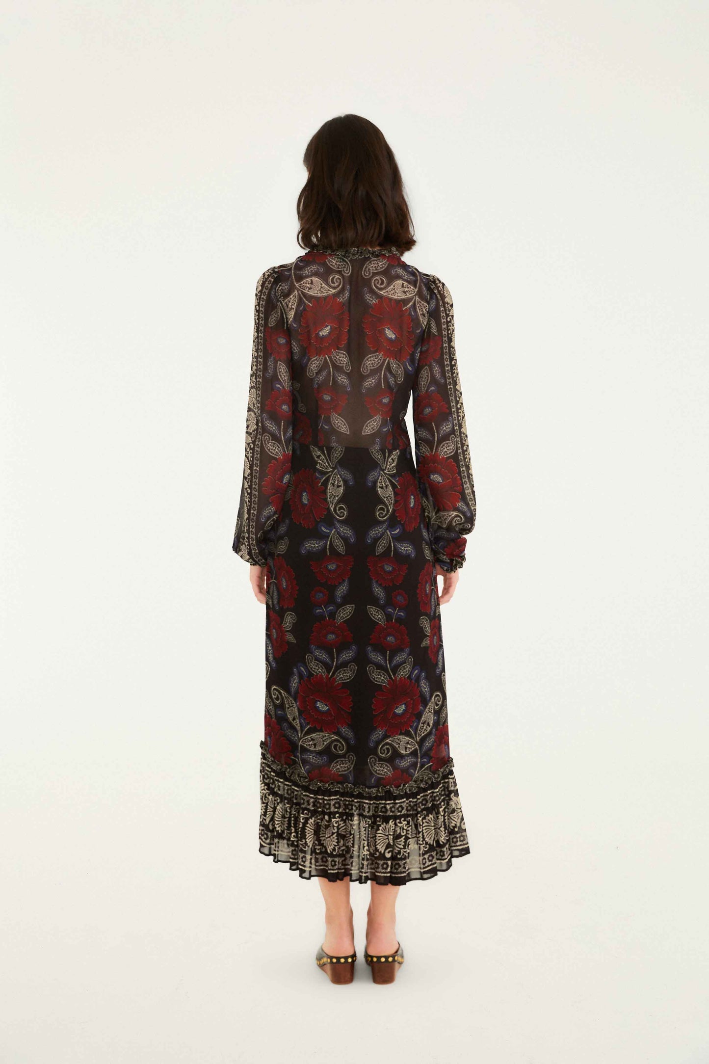 Black Valentina Ruffled Long Sleeve Midi Dress | FARM Rio | FARM Rio Women