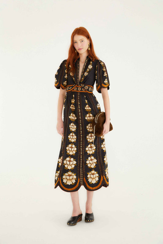 Black Embroidered Flowers Organic Cotton Midi Dress | FARM Rio | FARM Rio Women