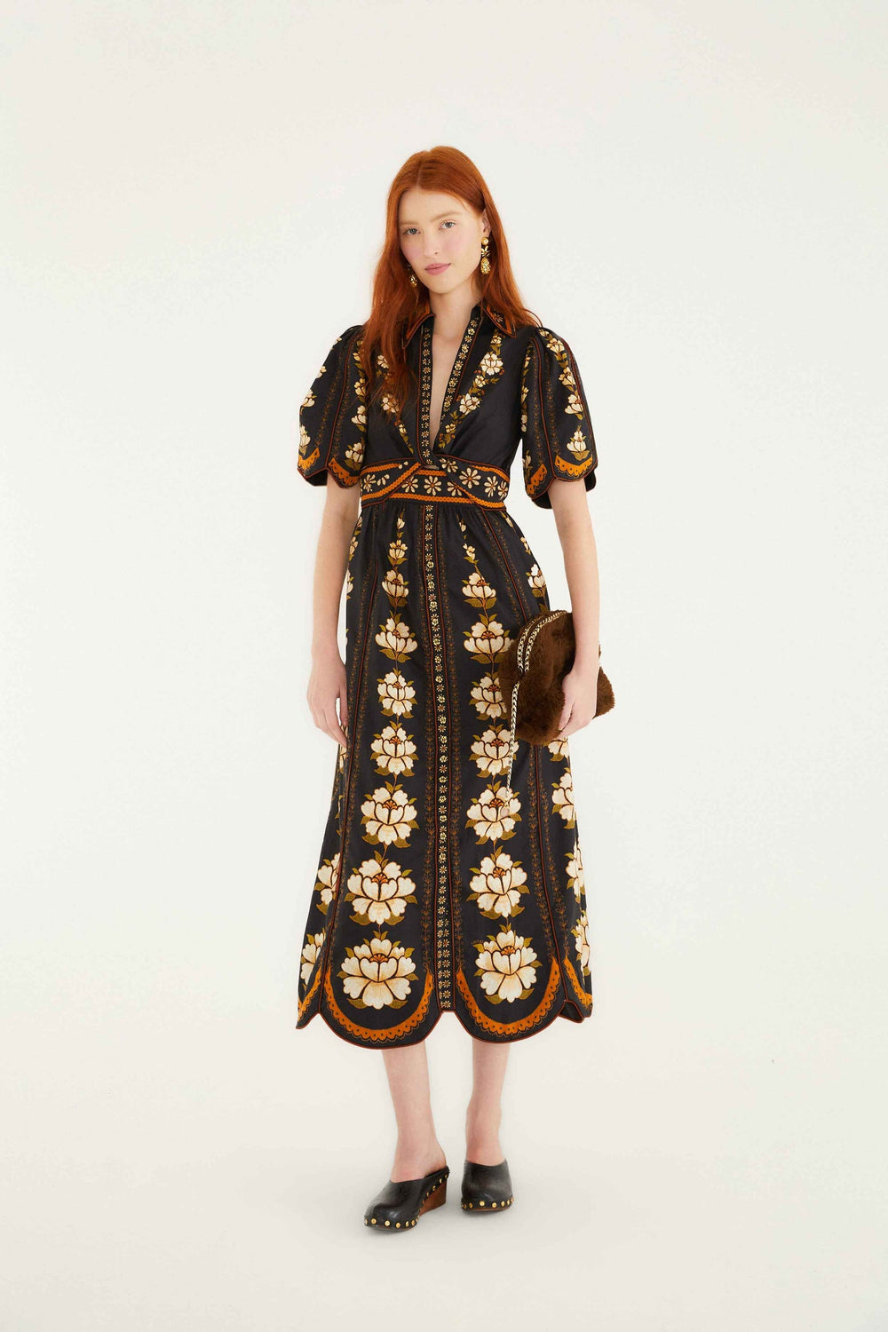 Black Embroidered Flowers Organic Cotton Midi Dress | FARM Rio | FARM Rio Women
