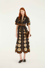 Black Embroidered Flowers Organic Cotton Midi Dress | FARM Rio | FARM Rio Women