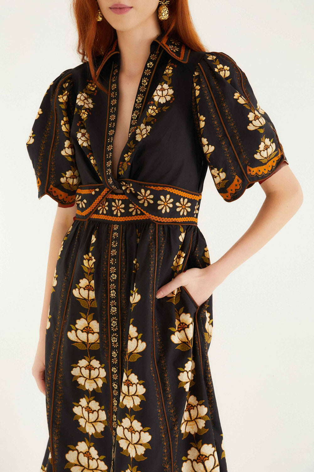 Black Embroidered Flowers Organic Cotton Midi Dress | FARM Rio | FARM Rio Women