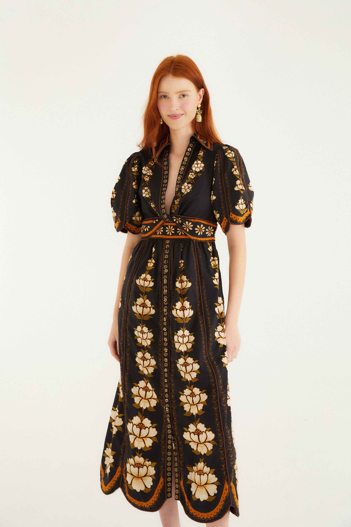 Black Embroidered Flowers Organic Cotton Midi Dress | FARM Rio | FARM Rio Women