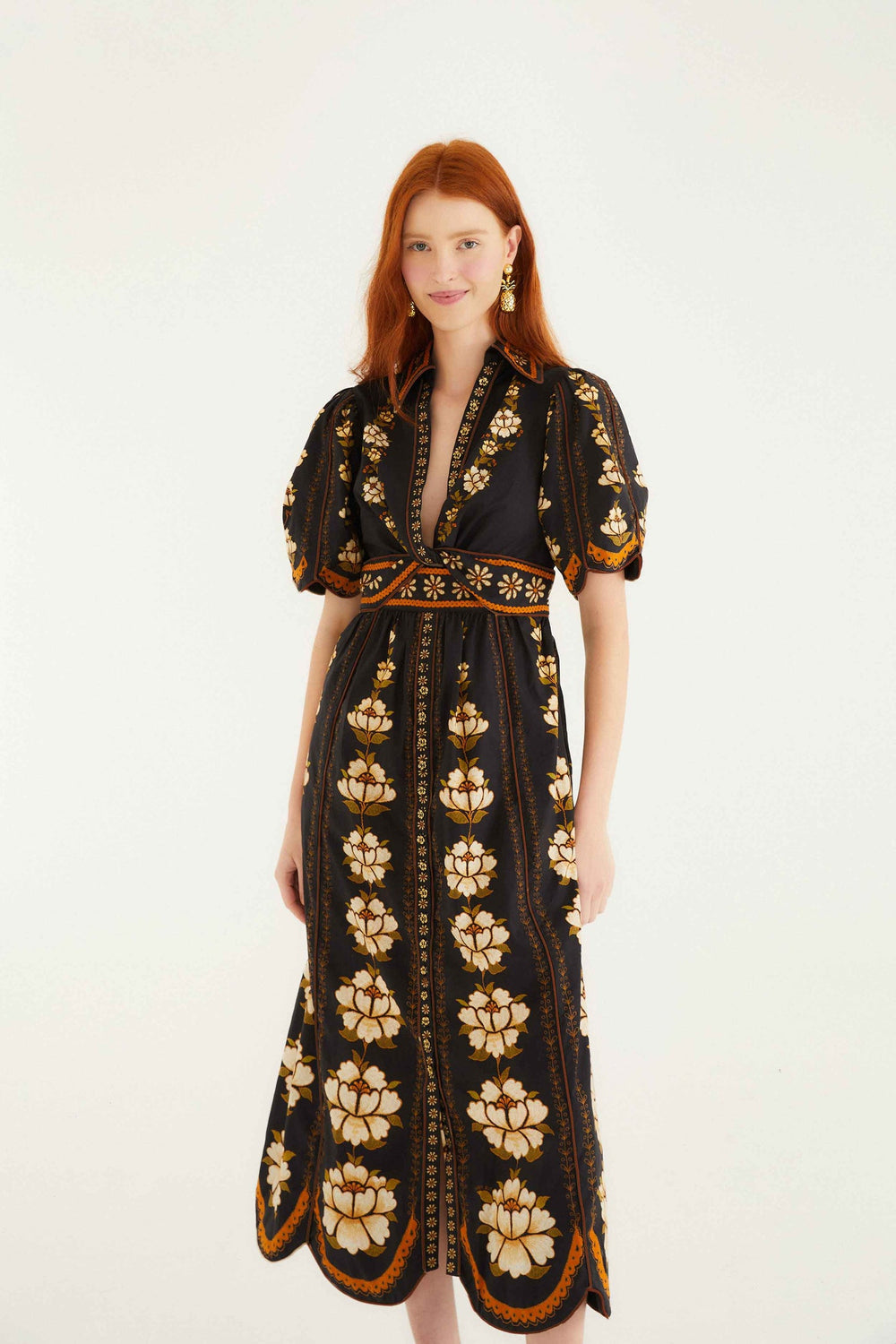 Black Embroidered Flowers Organic Cotton Midi Dress | FARM Rio | FARM Rio Women
