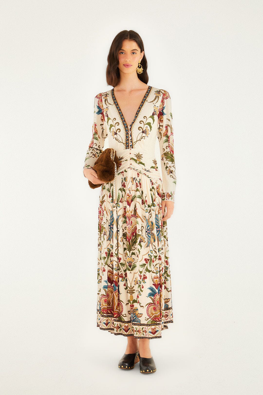 Cream Majestic Hearts Long Sleeve Midi Dress | FARM Rio | FARM Rio Women