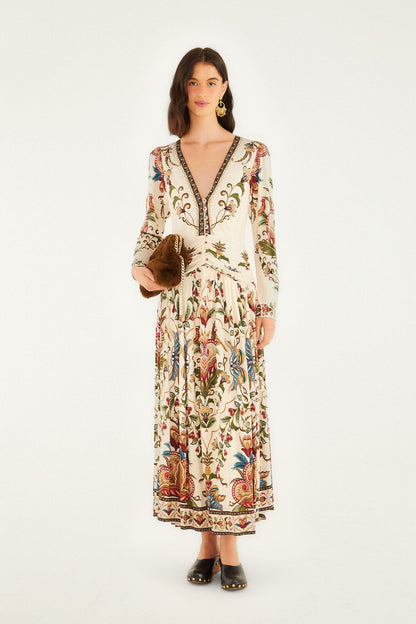Cream Majestic Hearts Long Sleeve Midi Dress | FARM Rio | FARM Rio Women