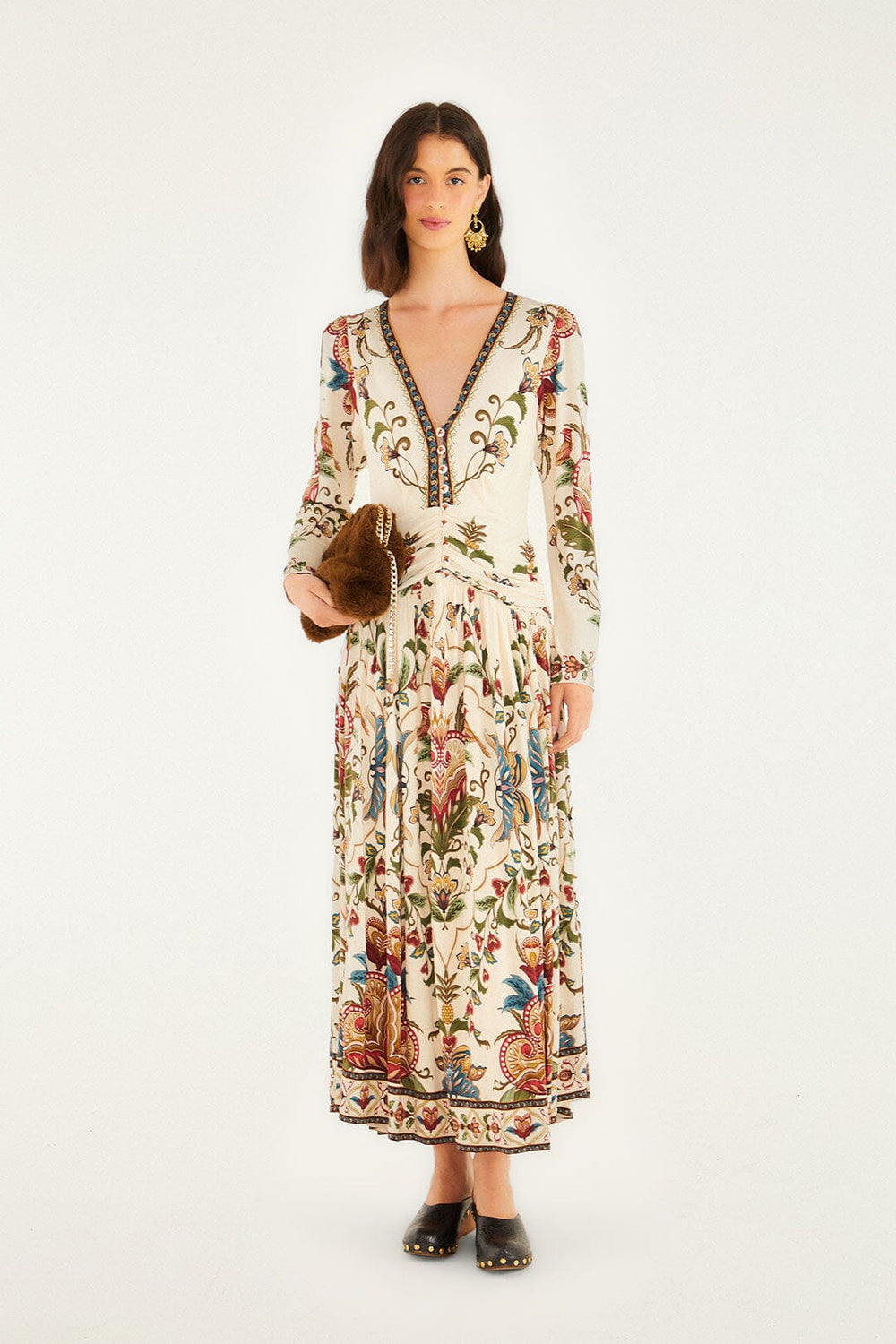 Cream Majestic Hearts Long Sleeve Midi Dress | FARM Rio | FARM Rio Women