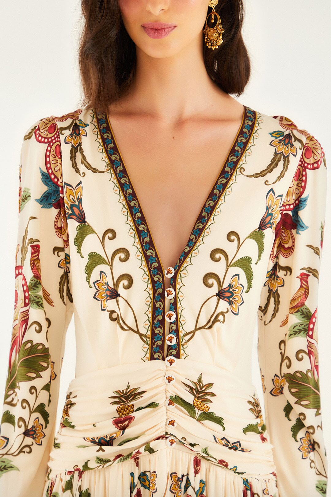 Cream Majestic Hearts Long Sleeve Midi Dress | FARM Rio | FARM Rio Women