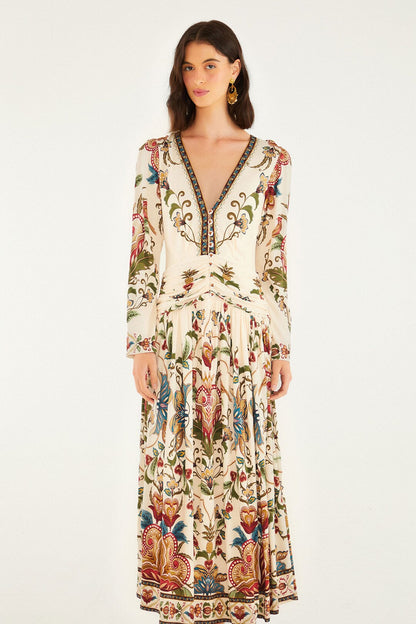 Cream Majestic Hearts Long Sleeve Midi Dress | FARM Rio | FARM Rio Women