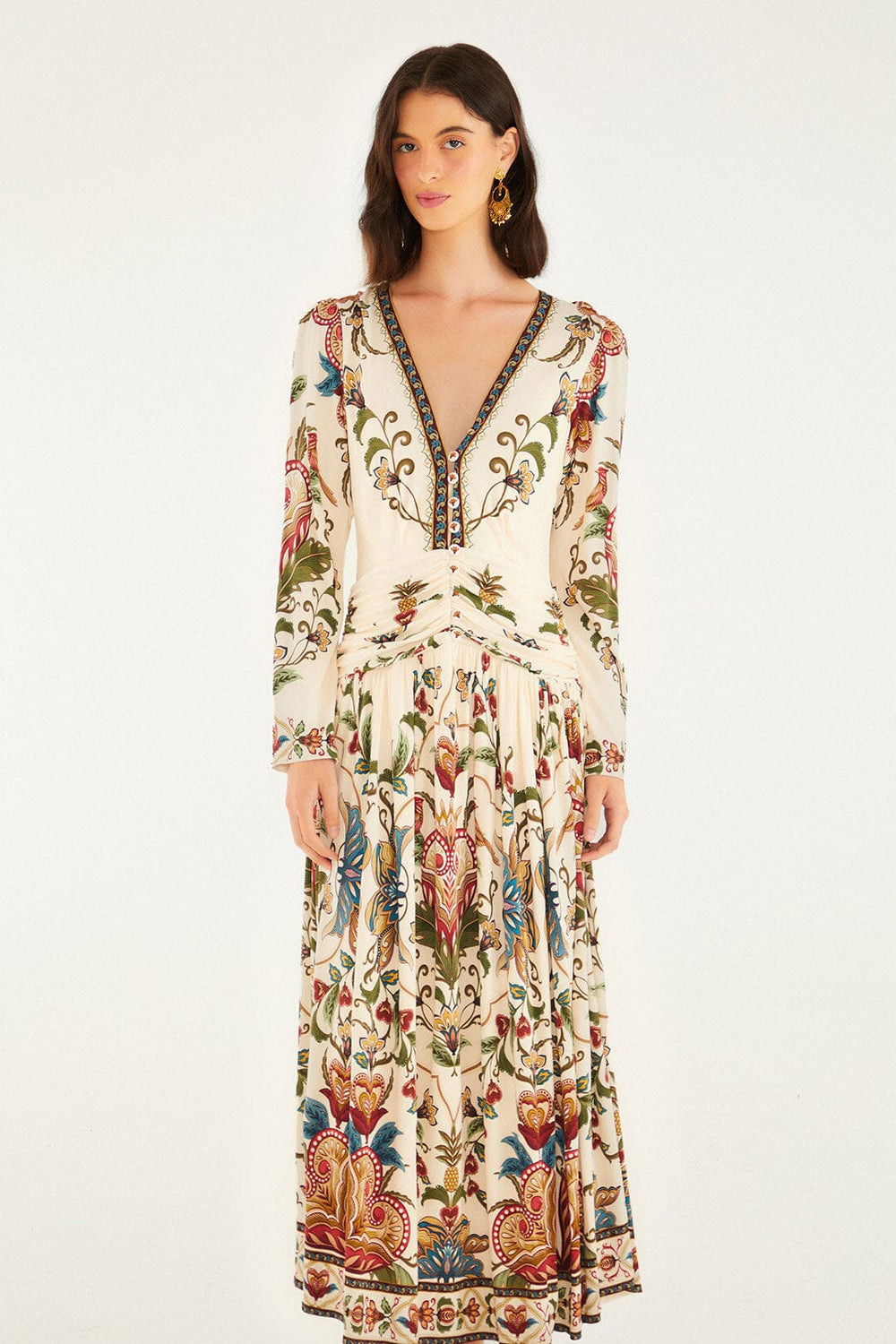 Cream Majestic Hearts Long Sleeve Midi Dress | FARM Rio | FARM Rio Women