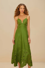 Green Monstera Embroidered Euroflax™ Premium Linen Midi Dress | FARM Rio Women
