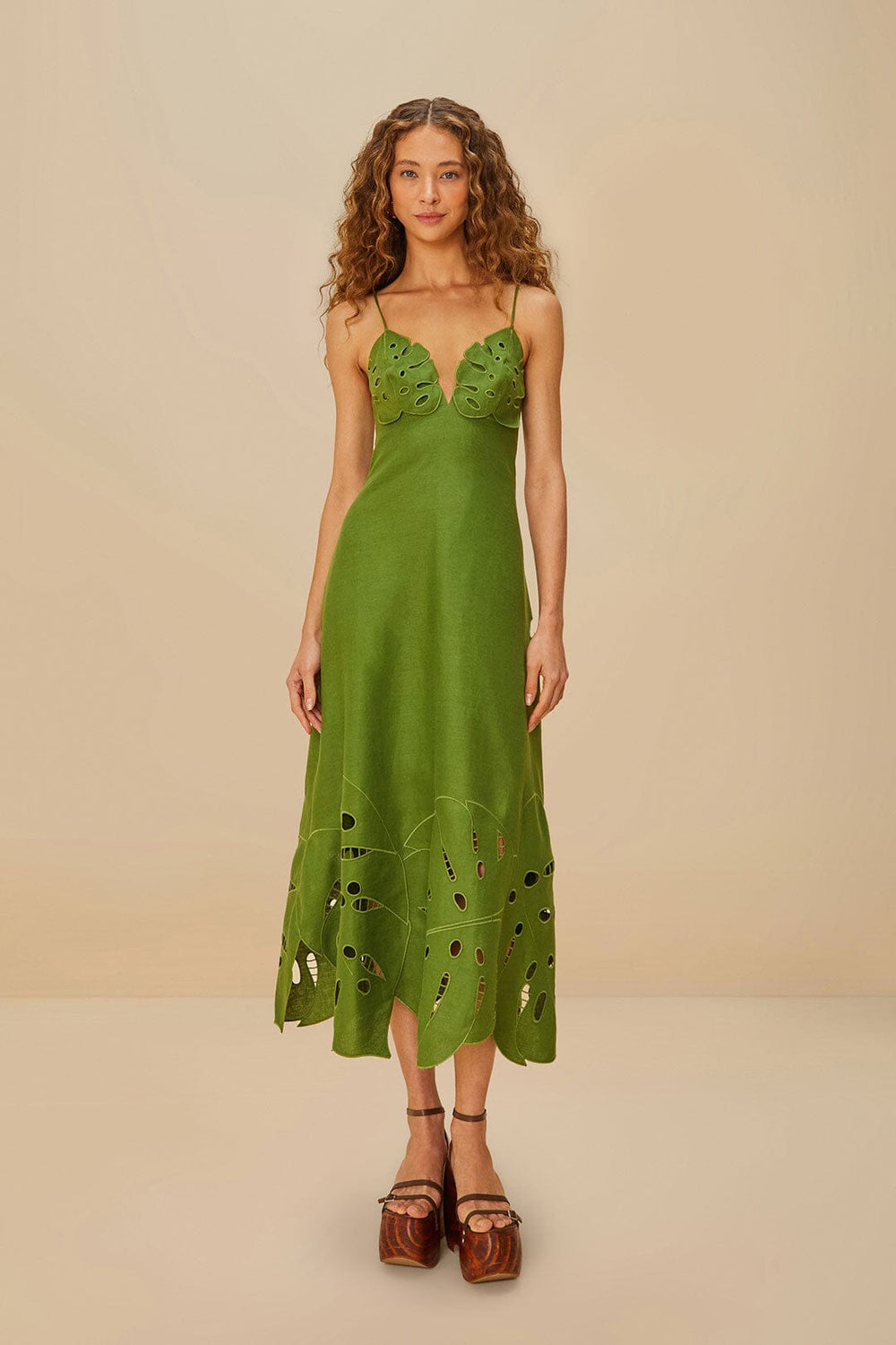 Green Monstera Embroidered Euroflax™ Premium Linen Midi Dress | FARM Rio Women