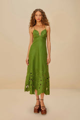 Green Monstera Embroidered Euroflax™ Premium Linen Midi Dress | FARM Rio Women