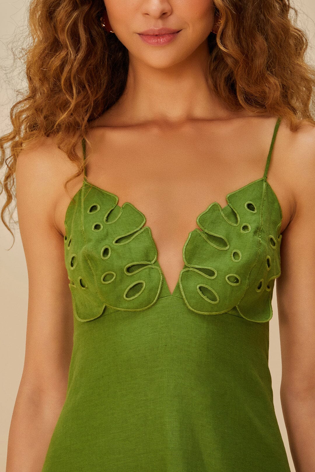 Green Monstera Embroidered Euroflax™ Premium Linen Midi Dress | FARM Rio Women