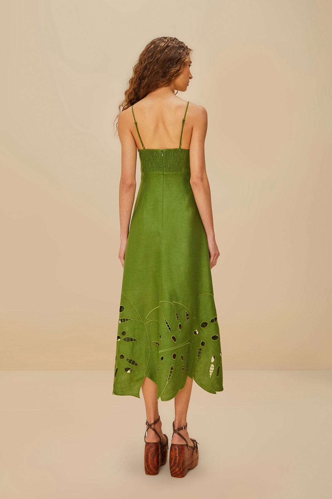 Green Monstera Embroidered Euroflax™ Premium Linen Midi Dress | FARM Rio Women