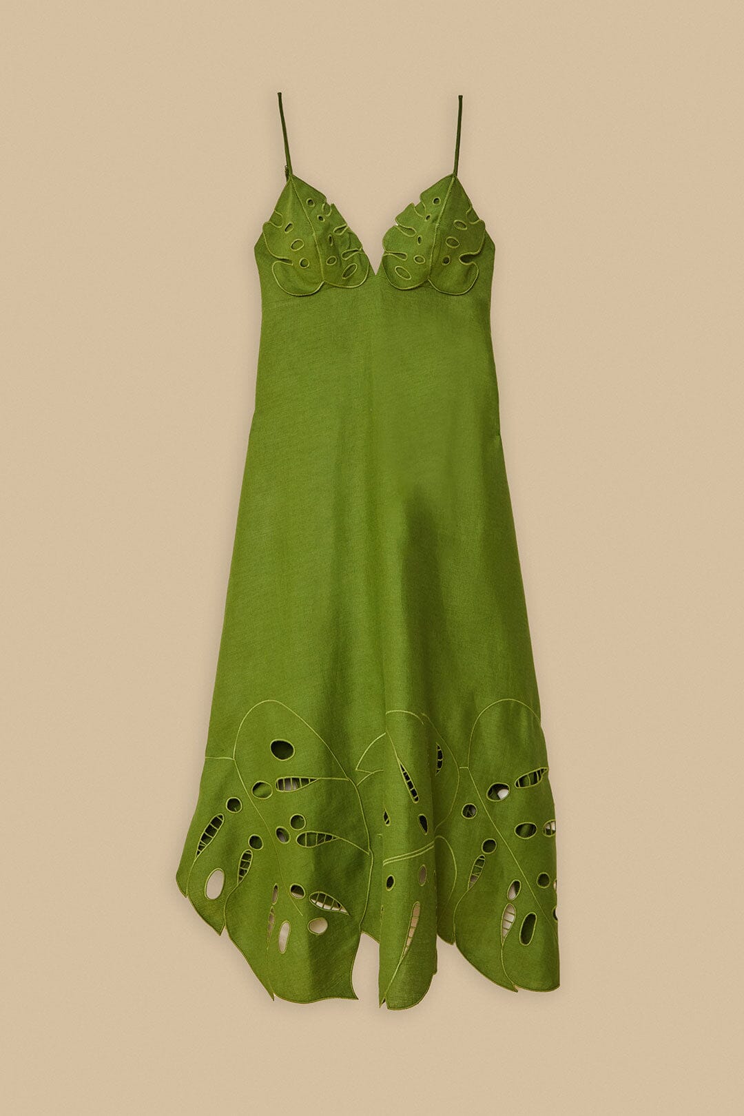 Green Monstera Embroidered Euroflax™ Premium Linen Midi Dress | FARM Rio Women