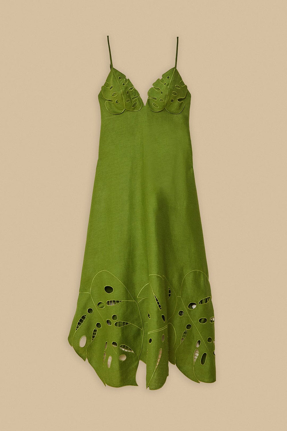 Green Monstera Embroidered Euroflax™ Premium Linen Midi Dress | FARM Rio Women