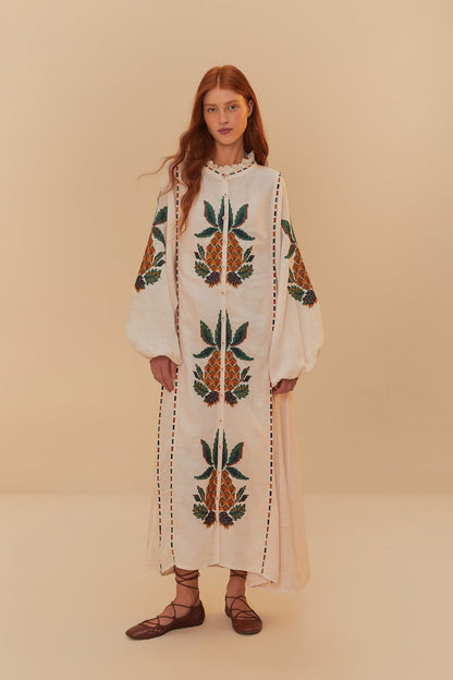 Light Pink Cross Stitch Pineapple Embroidered Midi Dress | FARM Rio Women