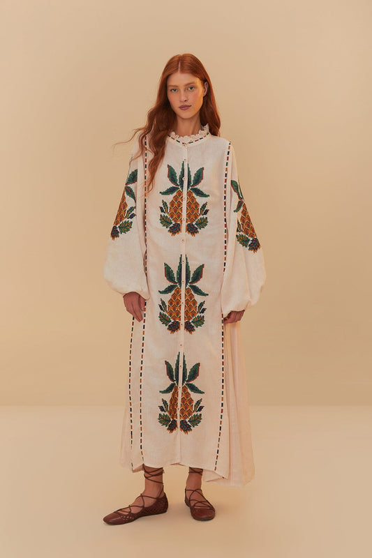Light Pink Cross Stitch Pineapple Embroidered Midi Dress | FARM Rio Women