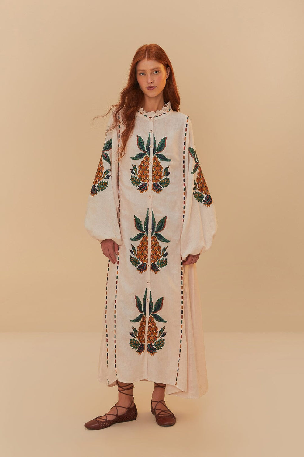 Light Pink Cross Stitch Pineapple Embroidered Midi Dress | FARM Rio Women