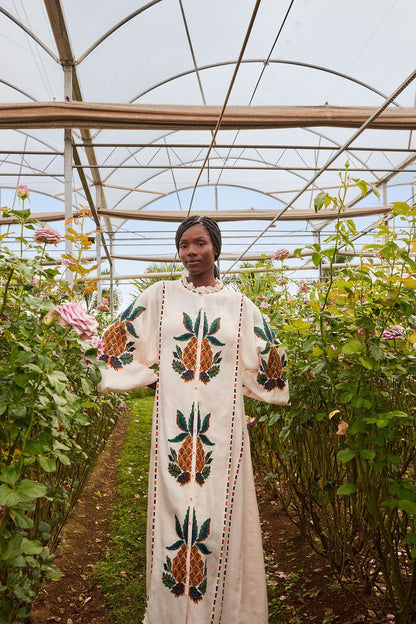Light Pink Cross Stitch Pineapple Embroidered Midi Dress | FARM Rio Women