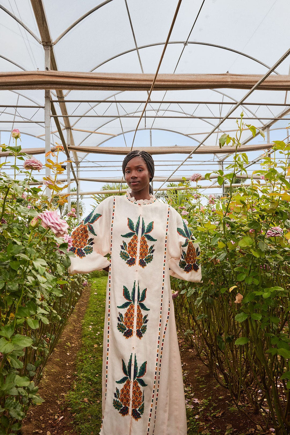 Light Pink Cross Stitch Pineapple Embroidered Midi Dress | FARM Rio Women
