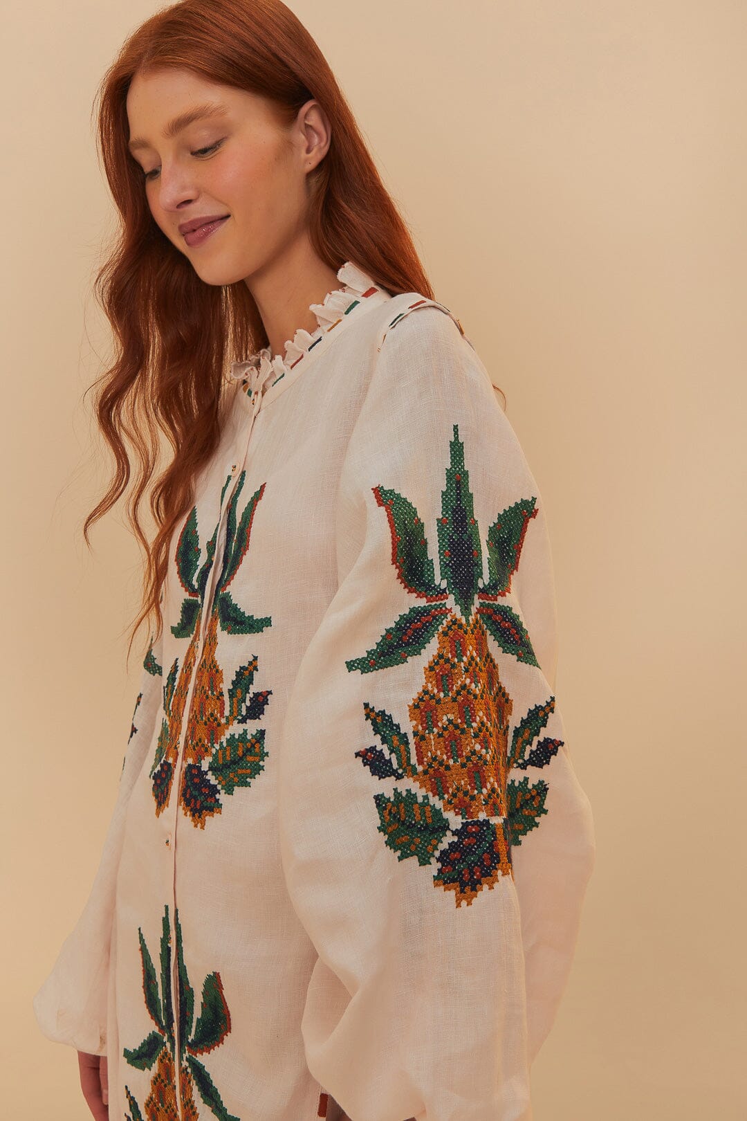 Light Pink Cross Stitch Pineapple Embroidered Midi Dress | FARM Rio Women