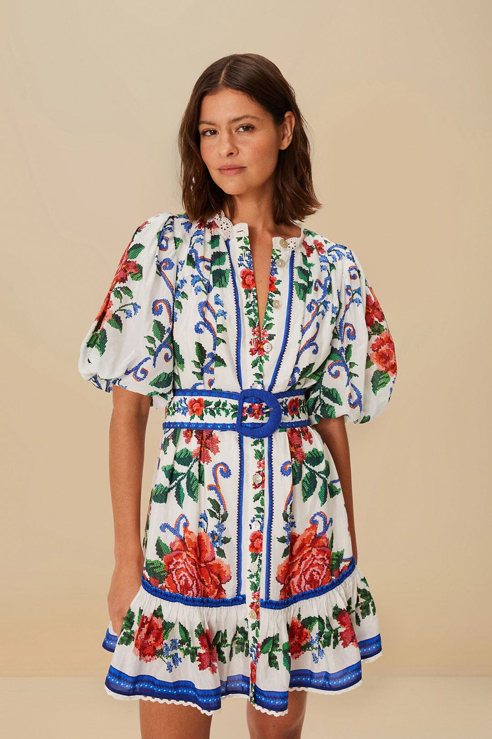 Off-White Flower Tapestry Mini Dress | FARM Rio Women