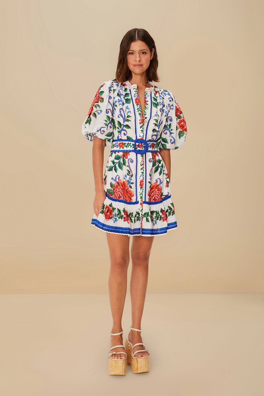 Off-White Flower Tapestry Mini Dress | FARM Rio Women