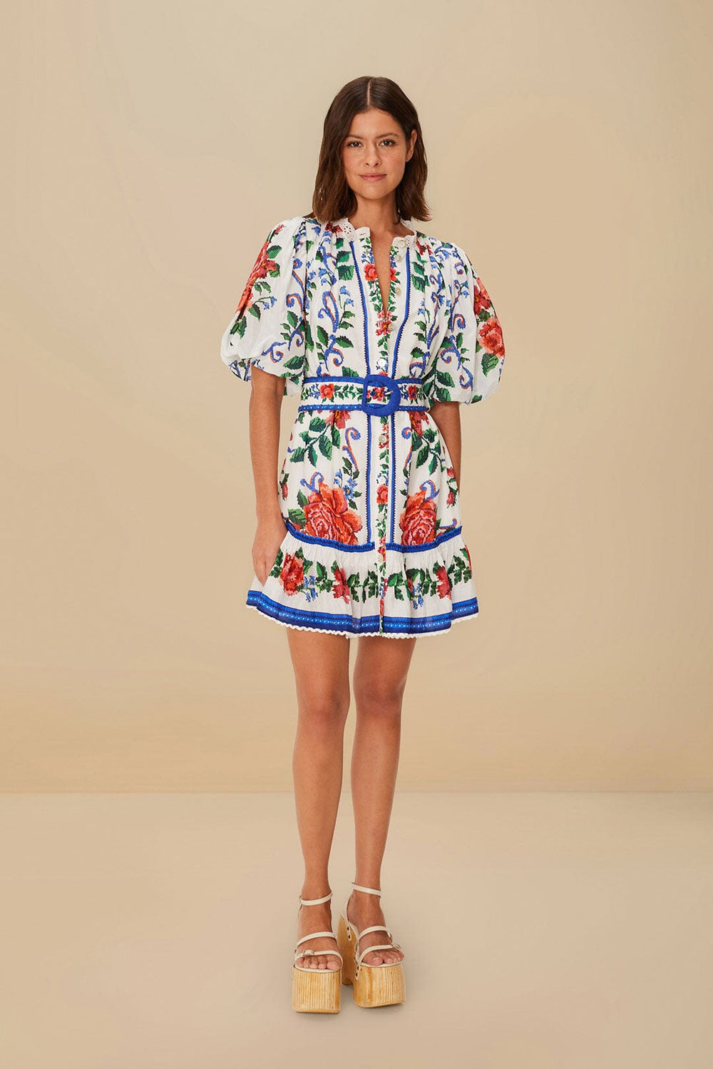 Off-White Flower Tapestry Mini Dress | FARM Rio Women