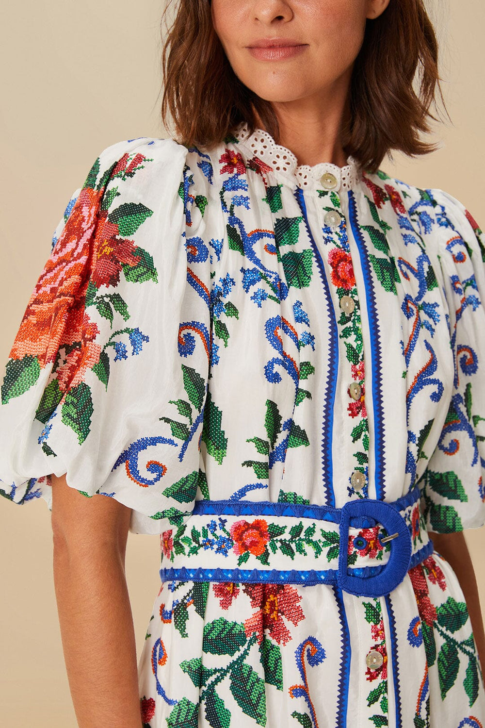 Off-White Flower Tapestry Mini Dress | FARM Rio Women