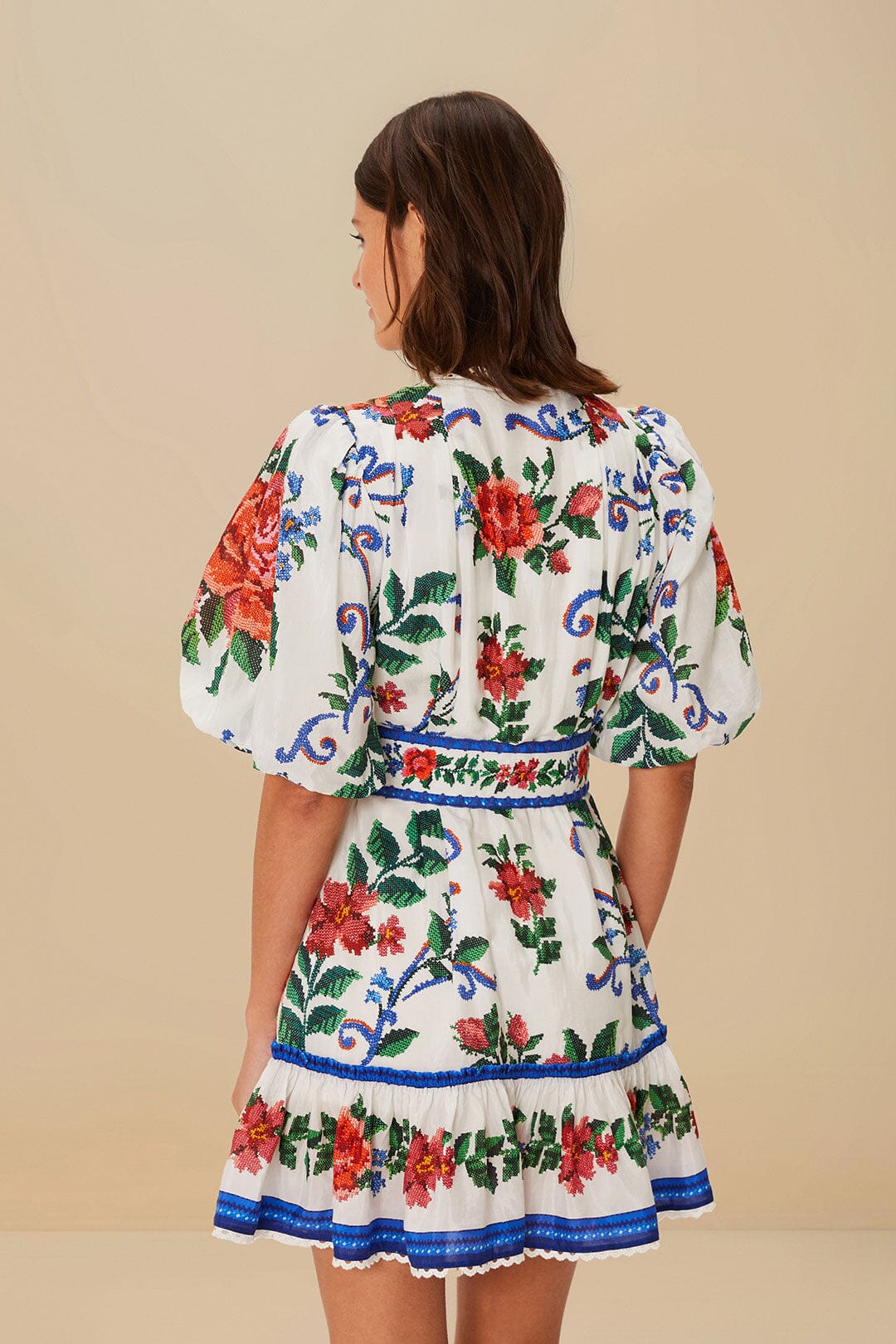 Off-White Flower Tapestry Mini Dress | FARM Rio Women