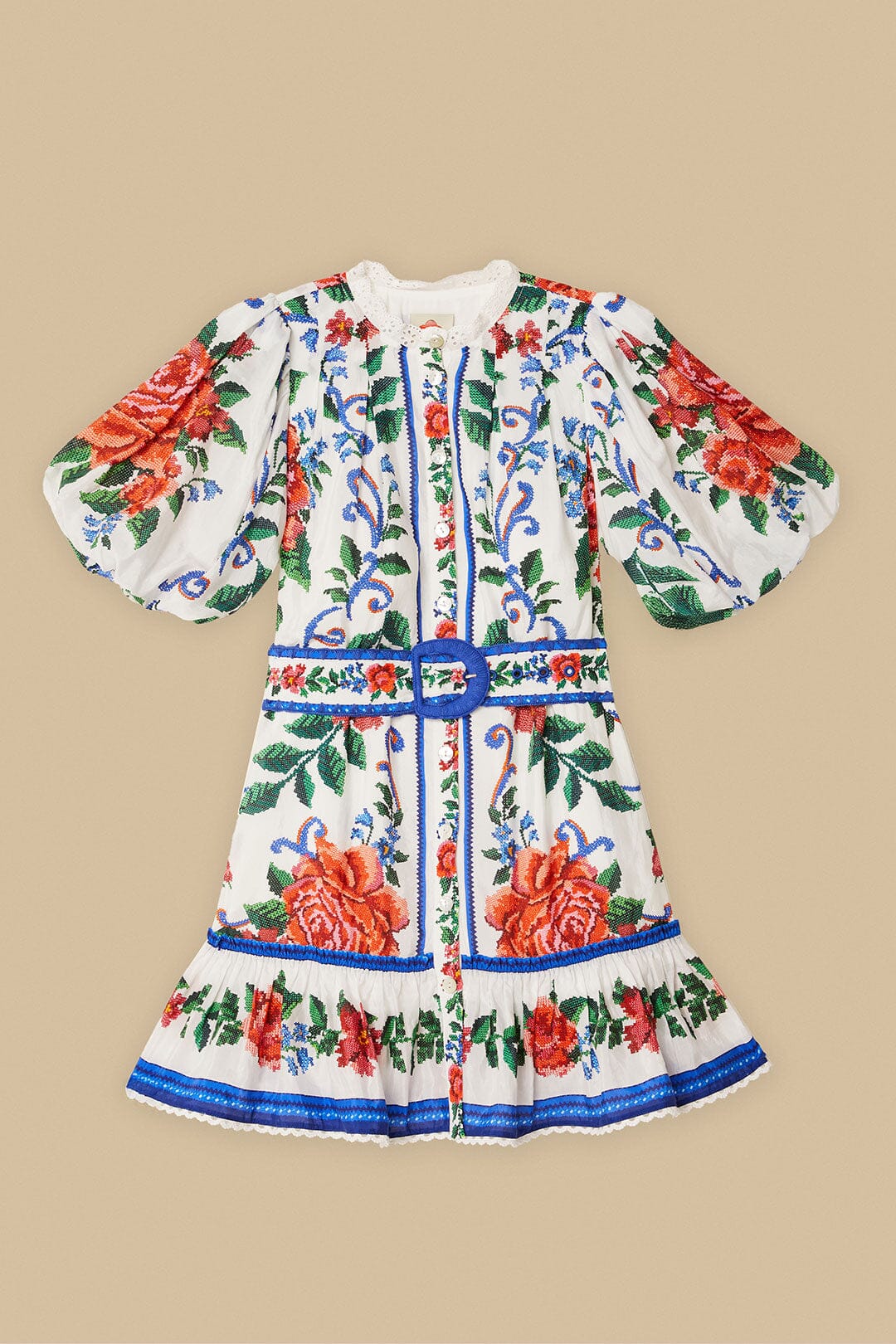Off-White Flower Tapestry Mini Dress | FARM Rio Women